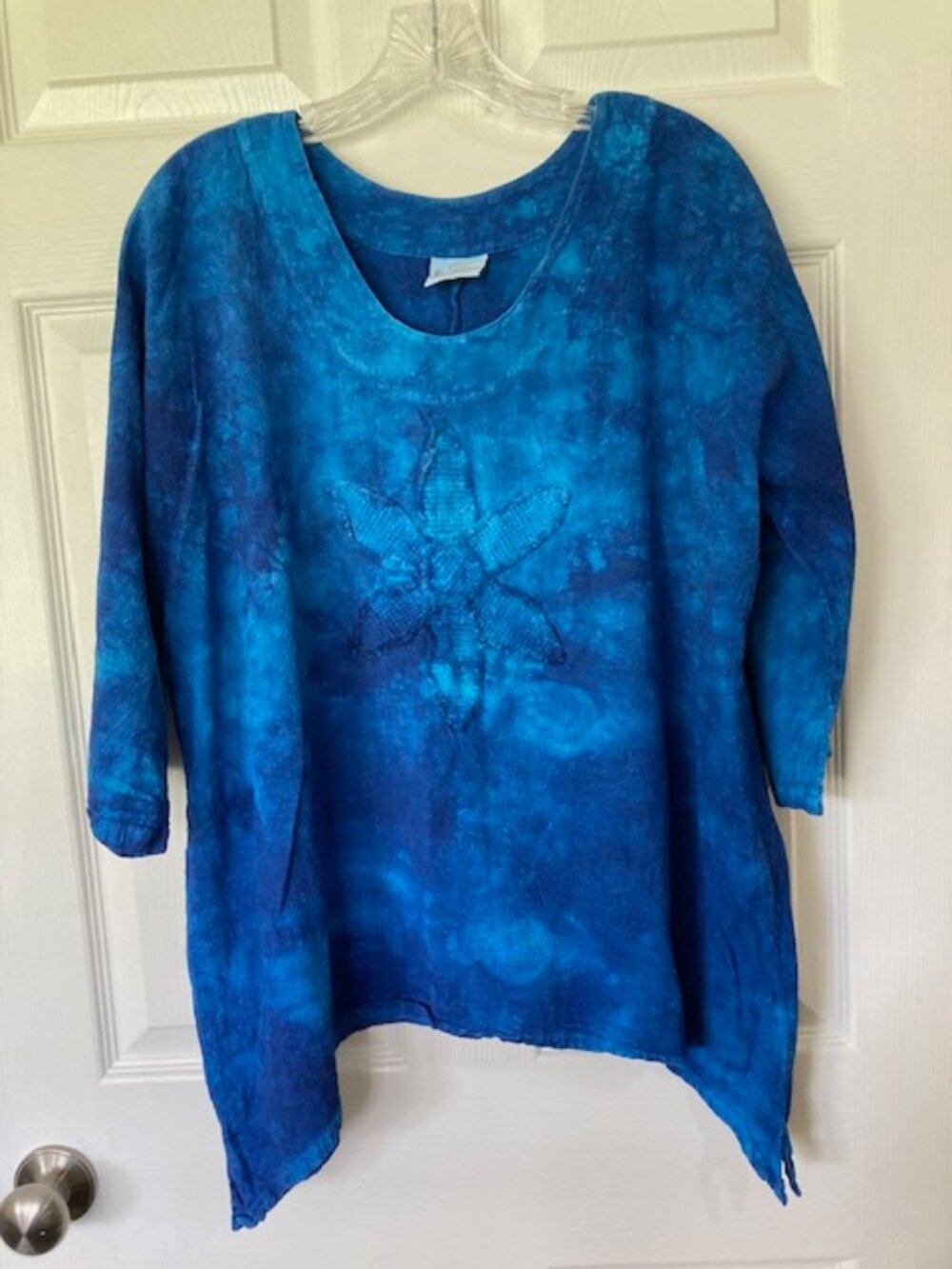 Cottonseed Cobalt Blue Tie Dye Daisy Cotton Top  Size M/L Lagenlook Artsy Boho